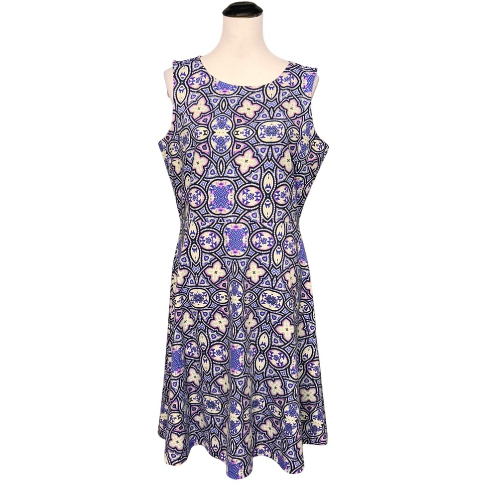 Talbots Fit & Flare Dress Women 12 Blue Purple Geometric Sleeveless Mod Preppy